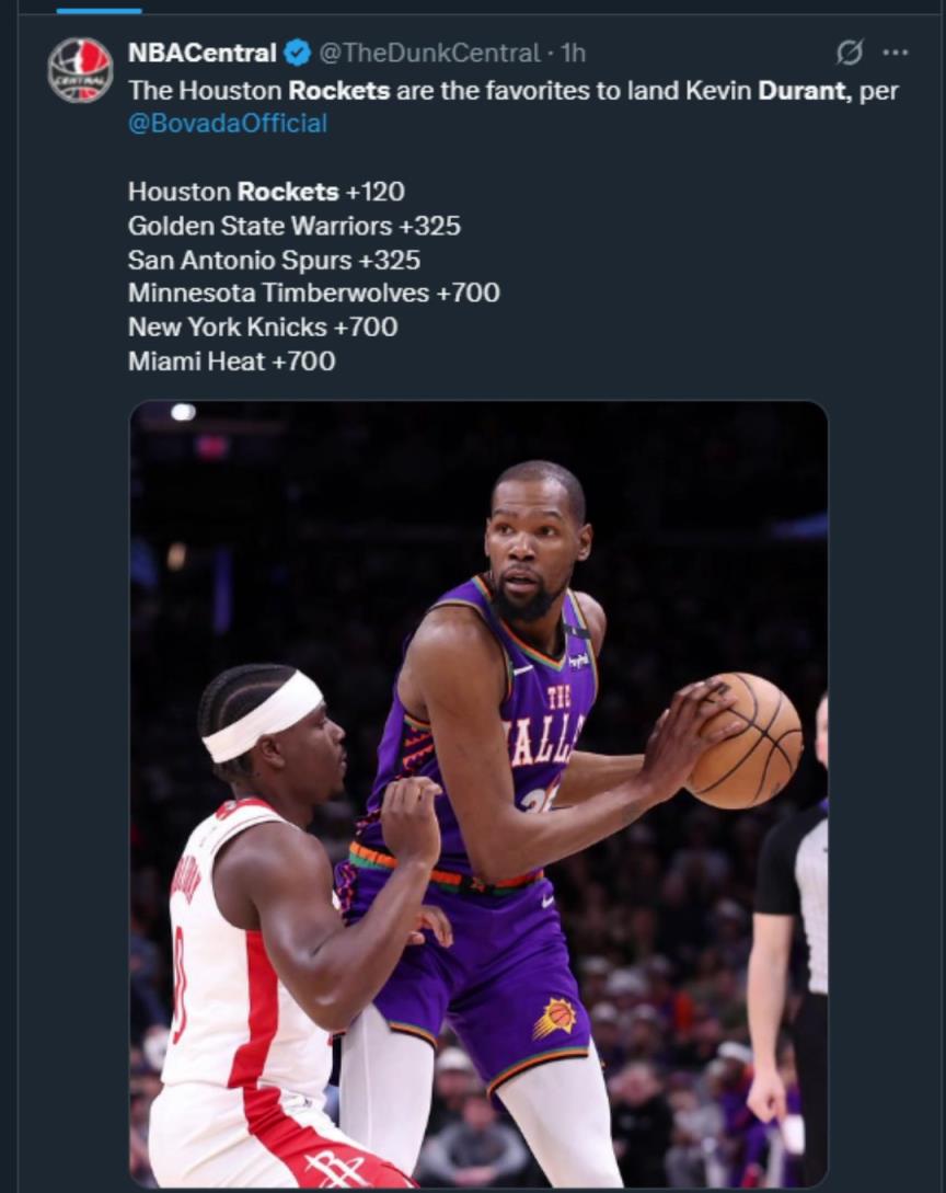 難道說？美媒曬杜蘭特下家賠率，火箭大幅度領(lǐng)跑！